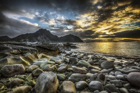 海洋，岩石，山脉，挪威，罗弗敦群岛，罗弗敦群岛