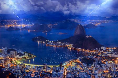 巴西，里约热内卢，巴西，里约热内卢，湾，晚上，天空，云，丘，火，海，酒吧