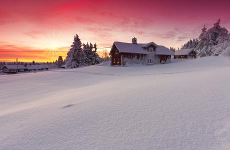 景观，自然，冬天，雪，黎明，太阳，房子，美女，利勒哈默尔，挪威