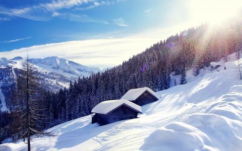 奥地利，阿尔卑斯山，奥地利，阿尔卑斯山，冬天，雪，山，森林，房屋，景观