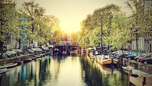 阿姆斯特丹，荷兰，荷兰，运河，日出，城市，水