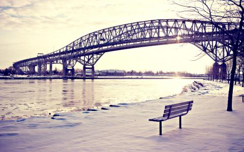 河，桥，长凳，雪，冬天