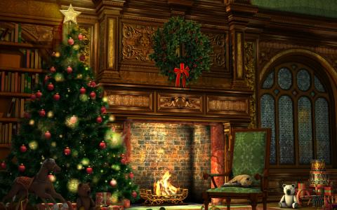 圣诞树，壁炉，新的一年，艺术，圣诞树