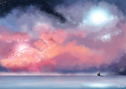 海，雾，绘画，天空，船