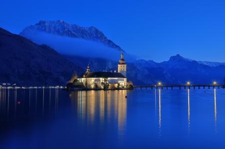 格蒙登，奥地利，湖，水，山，雪，夜，日落，教堂，光，自然，景观