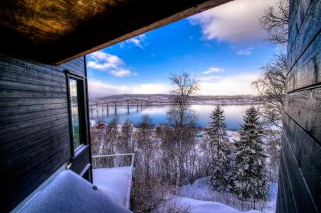 挪威，塞尼亚，河，桥，树木，从房子看，冬天