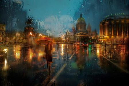圣彼得堡，圣艾萨克广场，下雨