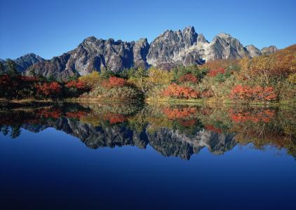 山，秋天，灌木丛，湖，反射