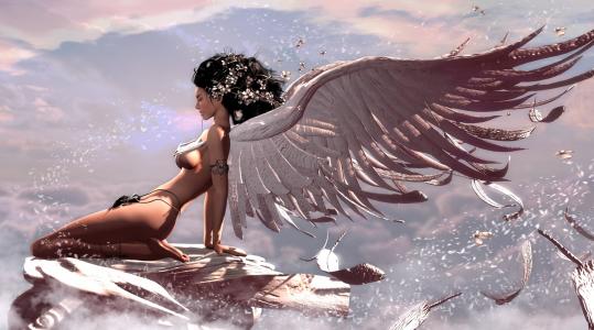 天使，女孩，黑发，身体，胸部，腿，翅膀，艺术，幻想
