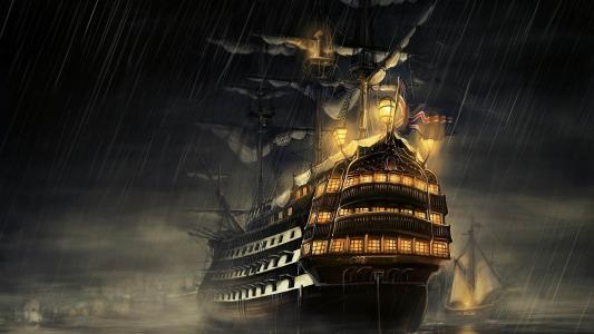 船，护卫舰，旗鱼，海，雨，夜晚，绘图