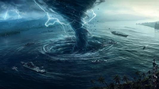 船，水，龙卷风，闪电，3D，图形