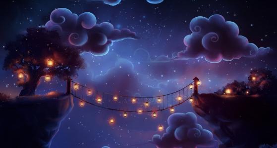 树，水沟，桥，晚上，艺术，灯，云