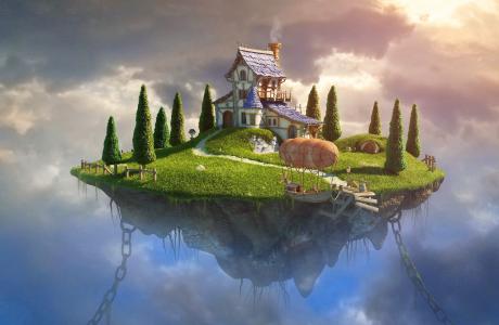 房子，链，树，草，船，天空，艺术，图形，幻想