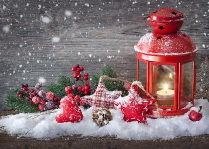 圣诞节，灯笼，蜡烛，雪，金属丝