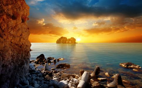 自然，日落，海，岩石，石头，云