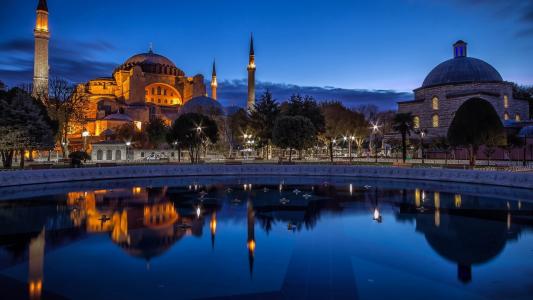 伊斯坦布尔，土耳其，伊斯坦布尔，土耳其，城市，晚上，清真寺，喷泉