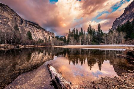 景观，湖，岩石，云，秋天，优胜美地国家公园，加利福尼亚州，美国