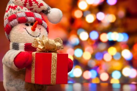 雪人，框，树，光，礼物，圣诞节，新的一年