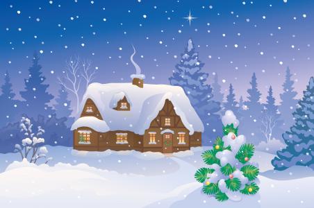冬天的家，雪，新年，圣诞快乐，圣诞树