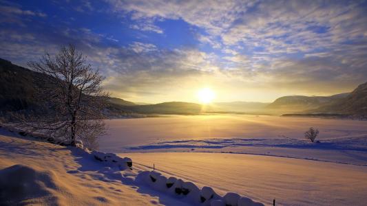 冬季景观，日落，阳光，雪，美丽的景色，冬季