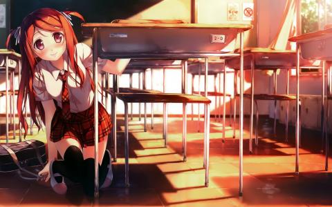 kantoku，女孩，学校，课桌，太阳，制服