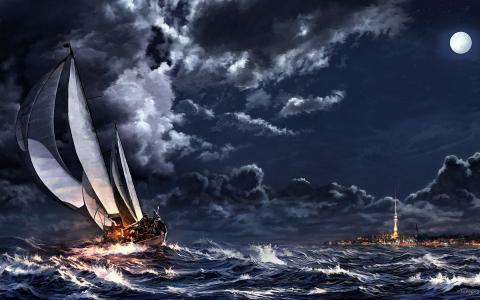 海，船，风暴，旗鱼，艺术