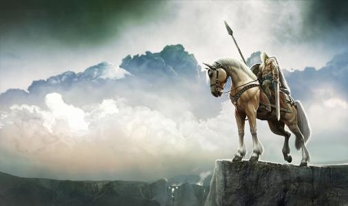 战士，马，骑手，岩石，山，景观，矛，剑，全景，艺术，幻想