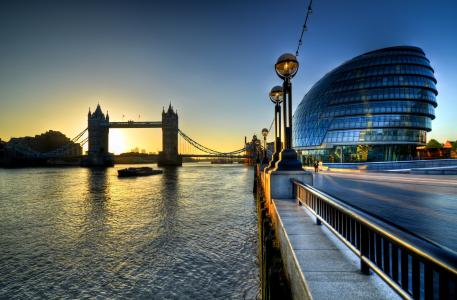 早晨，日出，伦敦，市政厅，河，塔桥，泰晤士河，英国，英国，英格兰