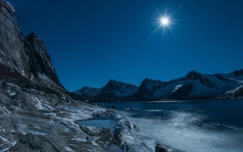 山，湖，星星，月光，晚上，岩石，冬天