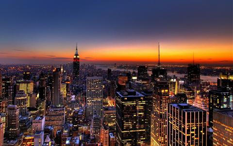 纽约，纽约市，纽约市，曼哈顿，美国，城市，大都会，摩天大楼，晚上，日落，灯光