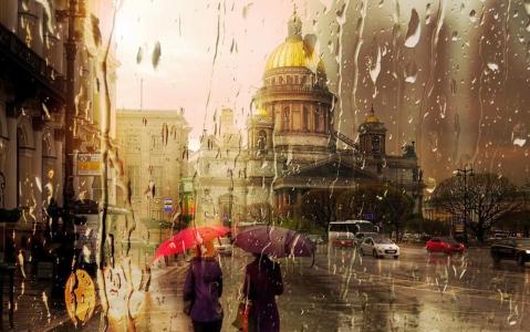 城市，充满雨水的玻璃，圣彼得堡
