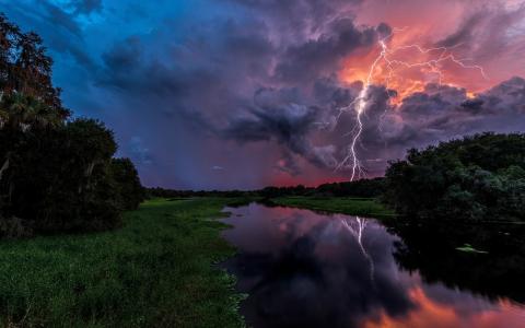 风暴，天空，黑暗，云，河，湖，闪电，自然，反射