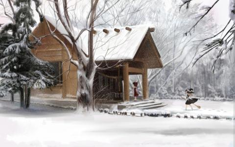 房子，森林，雪