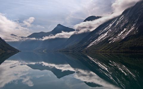 挪威，挪威，湖，山，反射，云