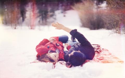 一起，爱，女孩，家伙，雪，雪花，冬天，爱，关系