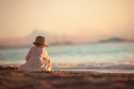 海，岸，沙，日落，女孩，帽子