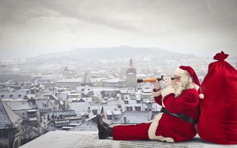 圣诞老人，圣诞老人，冬天，礼物，新年，假期，袋，城市，望远镜，屋顶