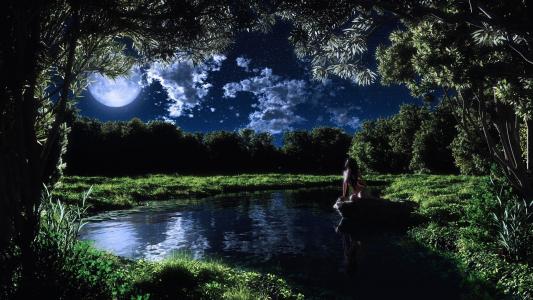 晚上，月亮，河流，石头，女孩
