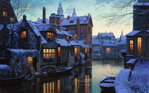 eugeny lushpin，布鲁日黄昏，绘画，布鲁日暮光之城，eugeny lushpin，绘画，比利时，布鲁日，冬天，雪，暮光之城，河，船，房子
