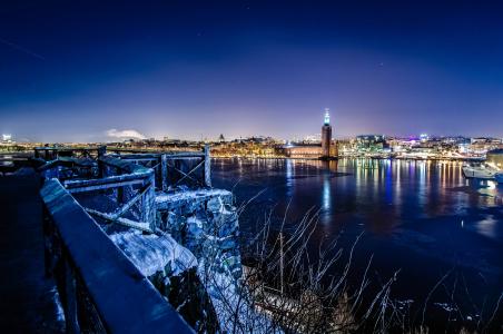 斯德哥尔摩，夜晚，灯光，从山上查看