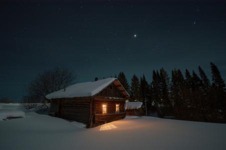 天空，星星，夜，冬天，村庄，郊区，小屋，窗口，光，霜