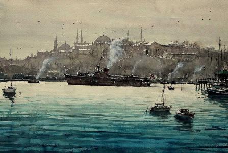 绘画，船，船，马克西米利安达米科，博斯普鲁斯海峡，海峡，伊斯坦布尔，城市景观，水彩