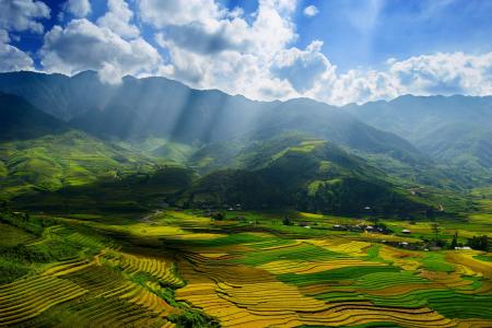 越南，Yenbai，北部的省，秋天，9月，天空，云，光线，光，谷，领域，通过tu_geo