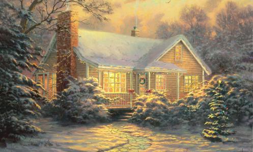冬天，雪，山寨，圣诞树，新年装饰，新年，晚上，灯，托马斯kinkade，绘画，绘画