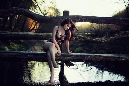 女孩，美丽，池塘，桥