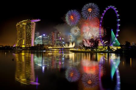 城市，城市，新加坡，新加坡，晚上，烟花，假日，敬礼，烟花