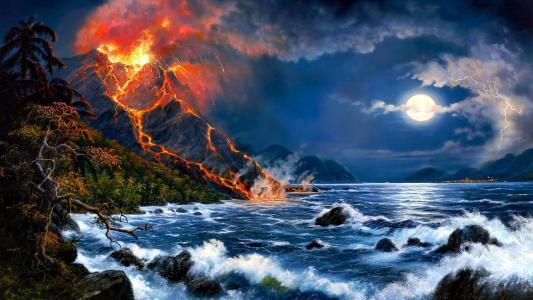 火山，山，海，夜，月亮，艺术