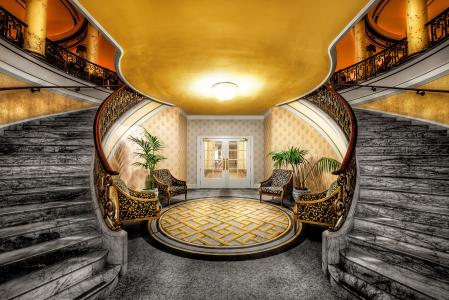 酒店，酒店，大堂，楼梯，扶手椅，棕榈树