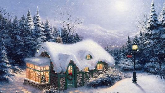 圣诞节，新年，沉默的夜晚，房子，森林，树，灯笼，灯，树，圣诞节，新年，绘画，景观，托马斯金凯德