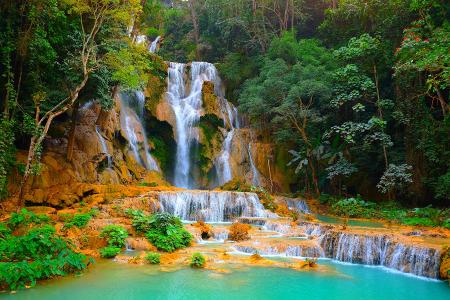 匡寺瀑布，老挝瀑布，森林，树木，岩石，大自然
